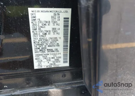 2006 Nissan Titan Se из США, поврежденный, VIN 1N6BA07AX6N566034